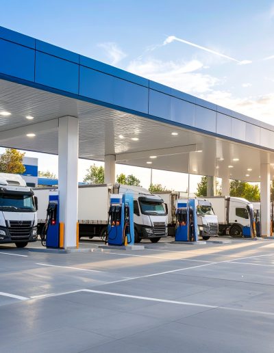 Imagine a modern service station and truck stop bustling with activity, featuring multiple fuel pumps, a large convenience store, and amenities for drivers.
